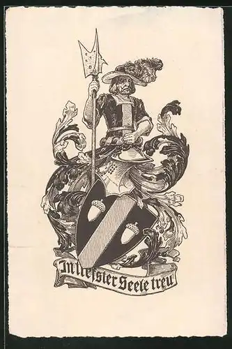 Exlibris Leibwächter mit Hellebarde, Wappen mit Ritterhelm und Eichel