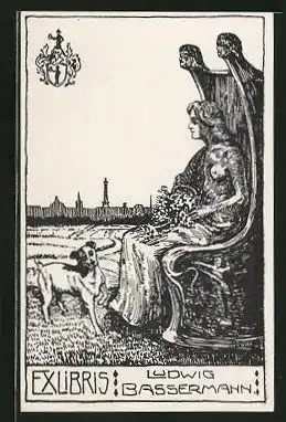 Exlibris Ludwig Bassermann, nackte Frau schaut von ihrem Tron auf die Stadt, Hund