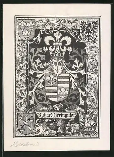 Exlibris Richard Beringuier, Wappen mit Ritterhelm, Schwert, Eule u. Adler