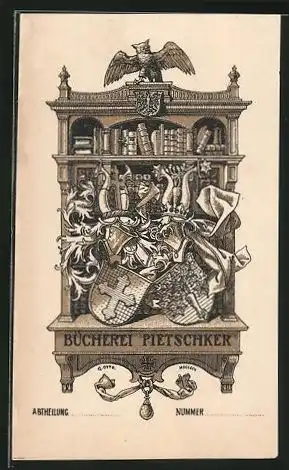 Exlibris Bücherei Pietschker, Wappen mit Ritterhelm, Bücherregal mit Eule