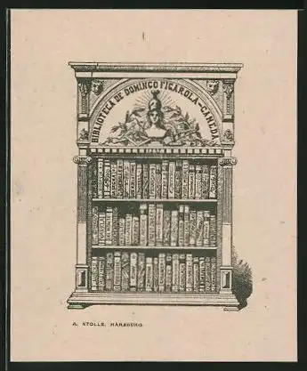 Exlibris Biblioteca de Domingo Figarola, Canada, Bücherregal mit Gemälde von einer Büste