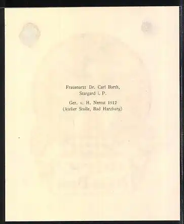 Exlibris Dr. Carl Barth, Wappen mit Ritterhelm, Mann mit Flügel und Schachbrett-Muster