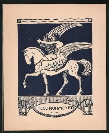 Exlibris Theod. Röhmeyer, Pegasus mit einer Frau