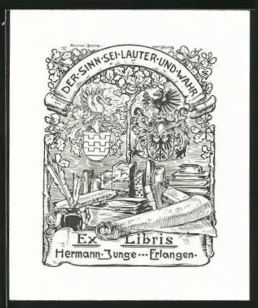 Exlibris Hermann Junge Erlangen, Tisch mit Büchern, Wappen mit Adler und Ritterhelm