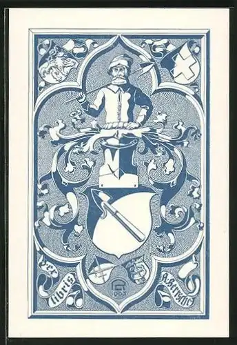 Exlibris A. Berrsche, Wappen mit Ritterhelm, Schaufel und Äskulapstab