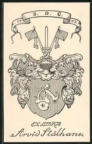 Exlibris Arvid Stahlhaner, Wappen mit Ritterhelm, Fahnen und Hobel