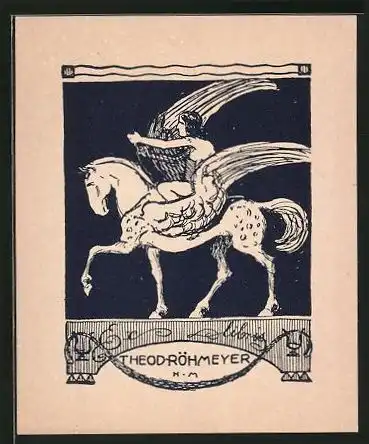 Exlibris Theod. Röhmeyer, Frau reitet Pegasus in der Nacht