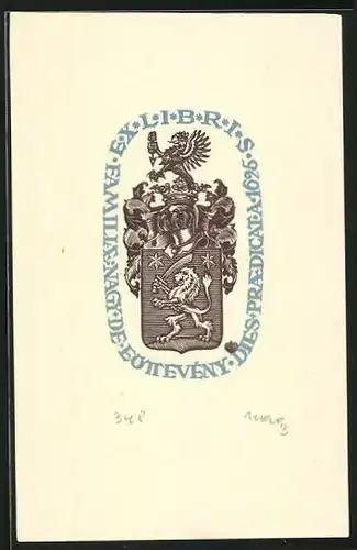 Exlibris Familiae Nagy de Eötievény, Wappen mit Greif und Ritterhelm