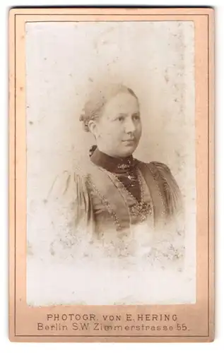 Fotografie Ernst Hering, Berlin-SW, Zimmerstrasse 55, Portrait junge Dame im bestickten Kleid