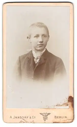 Fotografie A. Jandorf & Co., Berlin-C, Spittelmarkt 16-17, Portrait junger Mann im Anzug mit Krawatte