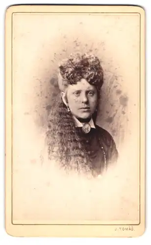 Fotografie J.Toams, Prag, St. WEnzels Platz, Portrait Dame im Biedermeierkleid mit Locken und langen Haaren