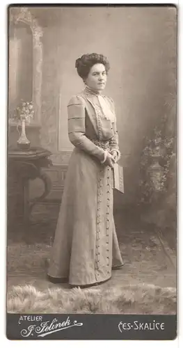 Fotografie J. Jelinek, Böhmisch Skalitz, Portrait junge Frau im hellen Biedermeierkleid mit toupiertem Haar