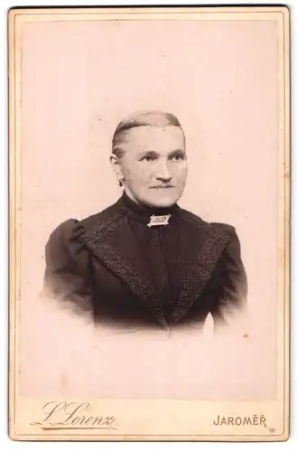 Fotografie L. Lorenz, Jaromer, Portrait Dame im dunklen Biedermeierkleid mit Brosche