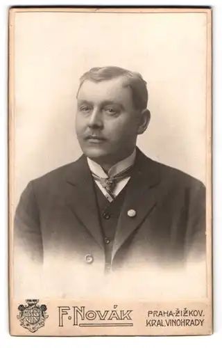 Fotografie F. Novak, Prag, Sladkovskeho 312, Portrait Herr im Anzug mit Schlips und Anstecker