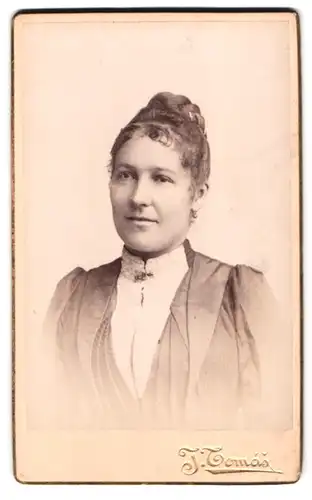 Fotografie J.Tomas, Prag, St. Wenzels Platz 7, Portrait Frau im Biedermeierkleid mit Hochsteckfrisur