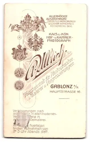 Fotografie A. Ullrich, Gablonz, Portrait Dame in weisser Rüschenbluse mit toupierten Haaren