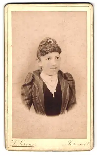 Fotografie L. Lorenz, Jaromer, Portrait Dame im gestreiften Biedermeierkleid mit Kreuzkette und Hochsteckfrisur