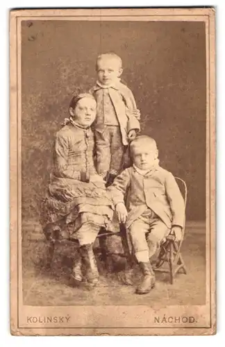 Fotografie Kolinsky, Nachod, Portrait Mutte mit zwei Söhnen im Biedermeierkleid und Anzügen