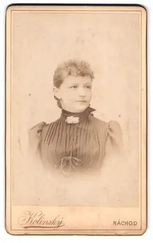 Fotografie Kolinsky, Nachod, Portrait junge Frau im dunklen Biedermeierkleid mit Brosche