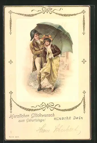 Künstler-AK Kavalier hält der Dame den Regenschirm, Geburtstagsgruss