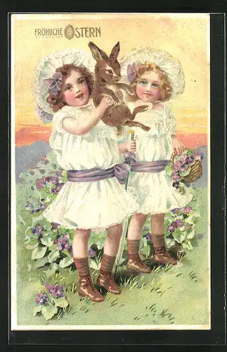Präge-AK Mädchen mit kleinem Rammler, Osterhase, Ostergruss
