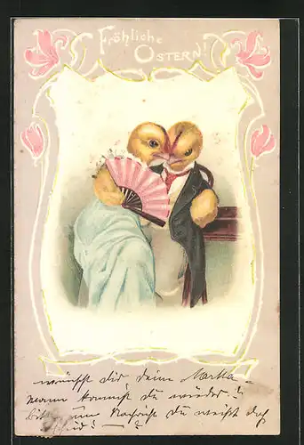 Präge-AK Tête-á-Tête der Osterküken, Ostergruss
