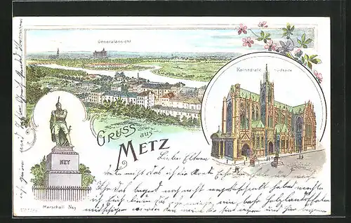 Lithographie Metz, Kathedrale, Denkmal Marschal Ney, Totalansicht