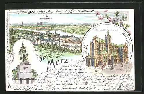 Lithographie Metz, Totalansicht aus der Vogelschau, Denkmal Marschall Ney, Kathedrale