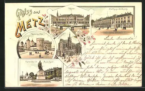 Lithographie Metz, Deutsches Thor, Esplanade mit Neydenkmal, Stadthaus und Paradeplatz