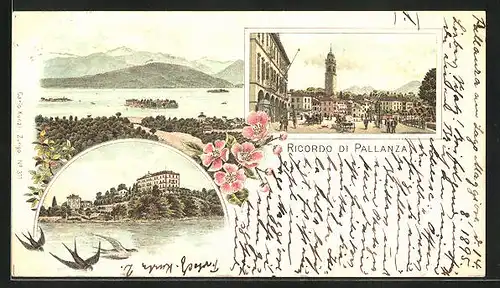 Vorläufer-Lithographie Pallanza, 1895, Ortspartie mit Turm, Seepartie mit Gebirge