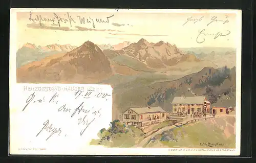 Künstler-Lithographie Edward Harrison Compton: Herzogstand-Häuser mit Bergen