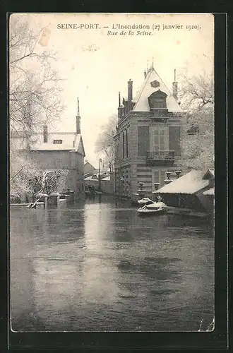 AK Seine-Port, L`Inondation 1910, Rue de la Seine, Strassenpartie bei Hochwasser