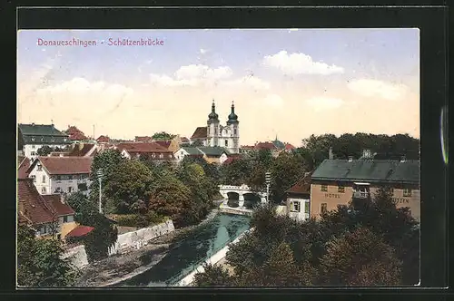 AK Donaueschingen, Schützenbrücke aus der Vogelschau