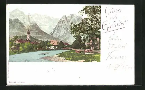 AK Garmisch, Flusspartie mit Kirche