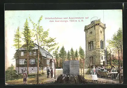 AK Eibenstock in Sachsen, Unterkunftshaus und Aussichtsturm auf dem Auersberge