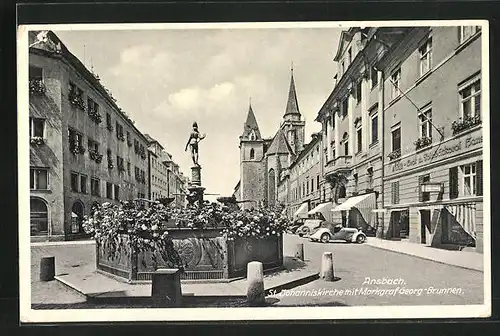 AK Ansbach, St. Johanniskriche mit Bäckerei und Markgraf Georg-Brunnen
