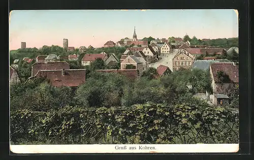 Goldfenster-AK Kohren, Teilansicht und Strassenpartie mit leuchtenden Fenstern