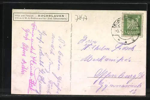 Künstler-AK Badenweiler /Bad. Schwarzwald, Hôtel und Pension Hochblauen