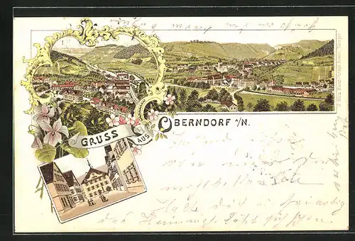 Lithographie Oberndorf a. N., Ortspartie, Totalansicht mit Hügeln