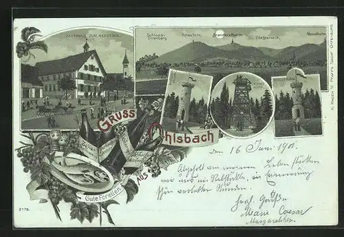 Mondschein-Lithographie Ohlsbach, Gasthaus zum Rebstock, Moosthurm, Panorama mit Villa Brandeck
