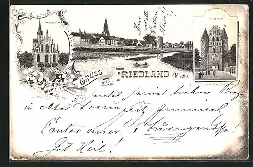 Lithographie Friedland /Meckl., Marienkirche, Steinthor, Flusspartie