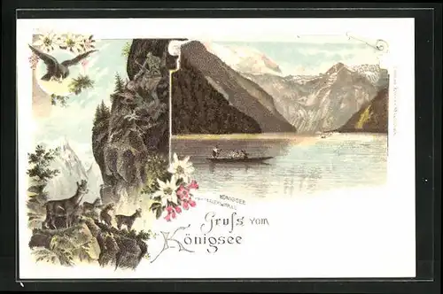 Lithographie Königssee, Blick vom Malerwinkel, Gemsen und Adler