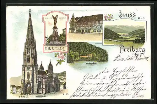 Lithographie Freiburg i. B., Sieges-Denkmal, Waldsee, Rathaus