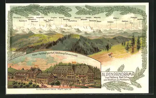 Lithographie Feldberg /Schwarzwald, Gasthaus zum Feldbergturm, Alpenpanorama