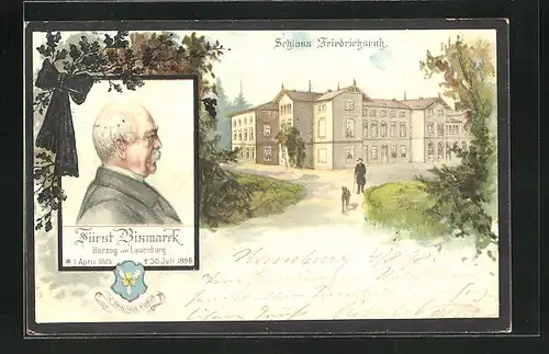 Lithographie Friedrichsruh, Schloss Friedrichsruh, Konterfei Fürst Bismarck