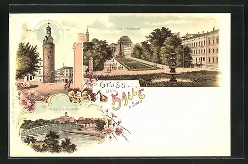 Lithographie Halle /Saale, Leipziger Turm, Alte Promenade, Ruine Giebichenstein