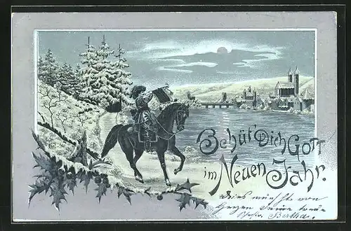 Mondschein-Lithographie Bad Säckingen, Teilansicht im Wintermondlicht, Trompeter von Säckingen, Neujahrsgruss