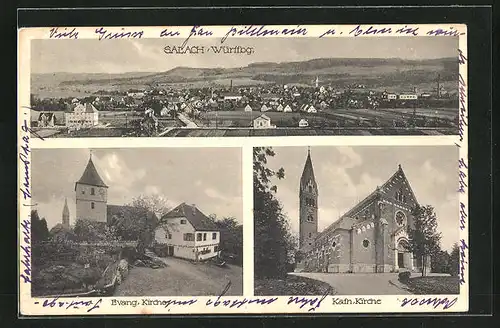 AK Salach /Württ., Evang. Kirche, Kath. Kirche, Totalansicht