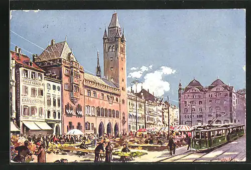 Künstler-AK Basel, Marktplatz mit Rathaus und Strassenbahn