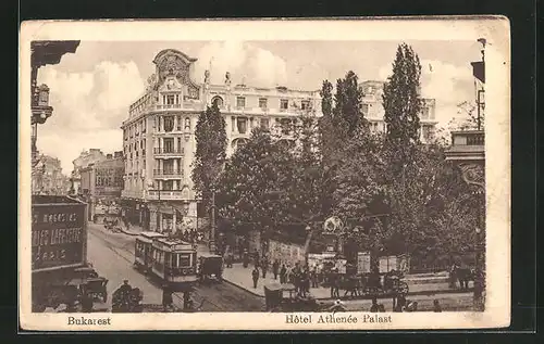 AK Bukarest, Hôtel Athenée Palast mit Strassenbahn